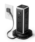 Heavy Duty Tower Power Strip Game Changing Surge Protection With Retractable Cable Featuring Twelve Wide AC Outlets Plus Four Fast Charging USB Ports For Easy Setup, upright design.