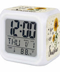 Totally Sweet Farm Sunflower Cube Digital Alarm Clock With Silent Sweep Snooze Function And Chill Nightlight showing time and date.