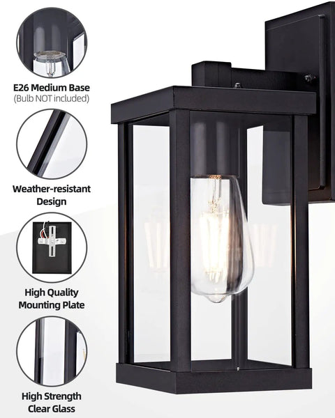 Two Pack Outdoor Wall Lanterns Black Sconce Lights With Clear Glass Shade Waterproof Wall Mount E26 Socket Modern Anti Rust Porch Lighting Bulb Not Included showcasing design features.