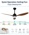 Modern 52 Inch Reversible Ceiling Fan with LED Light, 3 Walnut ABS Blades Quiet DC Motor Ceiling Fan for Bedroom