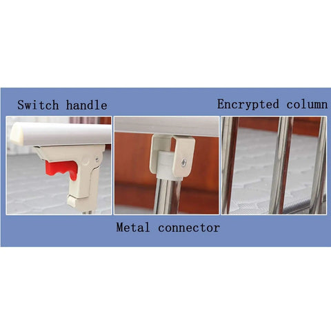 Foldable Bed Rail Safety Side Guard details: switch handle, metal connector, and encrypted column for elderly and handicap use.