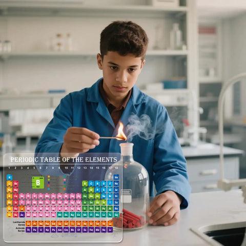 Student in lab coat with Pocket Size 9 By 12 Inch Periodic Table Card Chemistry Reference Chart Acrylic Atomic Number Guide