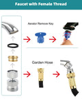 Swivel Faucet Adapter Kit, Solid Brass 3/4 Inch Garden Hose Adapter With Aerator, 360 Degree Kitchen Sink Faucet Aerator Adapter For Female And Male To Male, Chrome showing faucet and hose use
