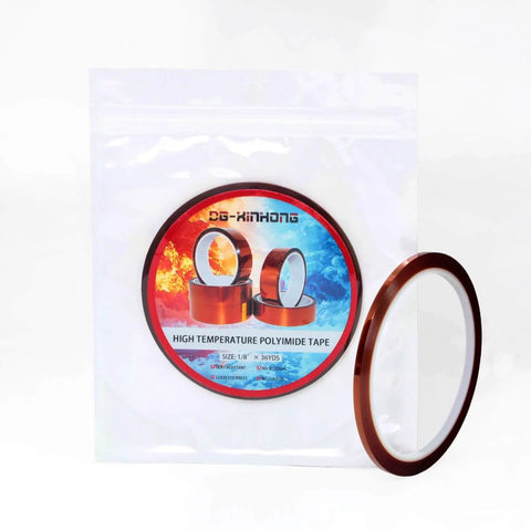 High Temperature Polyimide Masking Tape With No Residue And No Mess, sealed packaging with tapes visible, ideal for various widths
