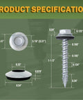 Product specifications for Heavy Duty Metal Roofing Screws Size 10 X 1-1/2 Inches With Sealed Rubber Washers 300 Count.