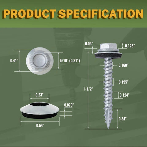 Product specifications for Heavy Duty Metal Roofing Screws Size 10 X 1-1/2 Inches With Sealed Rubber Washers 300 Count.