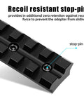 Beefy Picatinny Rail Mount For Ten Twenty Two Rifles 11-Slot, showing stop-pin feature, black anodized aluminum