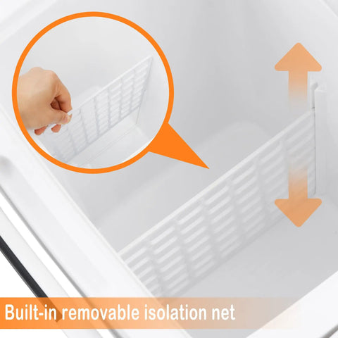 28 Quart Portable Mini Fridge And Electric Cooler Warmer For Car With 12V Dc Plug And Auto Locking Handle showing built-in removable isolation net.