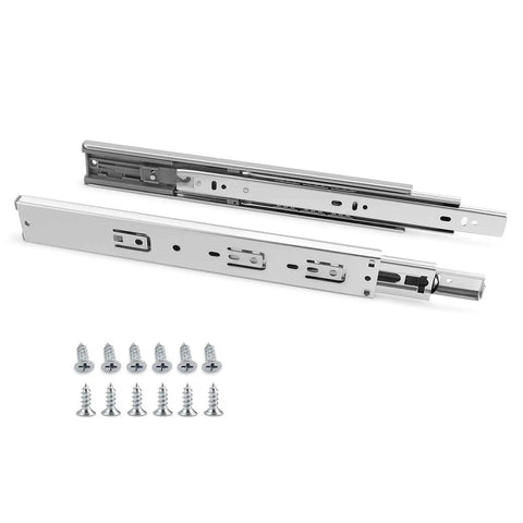 Noiseless 20 Inch Full Extension Drawer Slides With Soft Close Ball Bearing Heavy Duty Side Mount Rails Zinc Plated Steel Construction For Long Lasting Quiet Performance 2 Pairs 78 Lb Capacity shown with screws