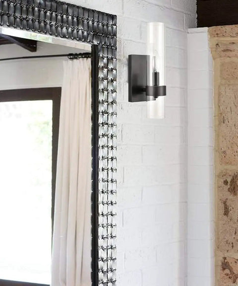 Modern Farmhouse Glass Cylinder Wall Sconce 1 Light Black Vanity Light Fixture for bathrooms and hallways with slim cylinder glass