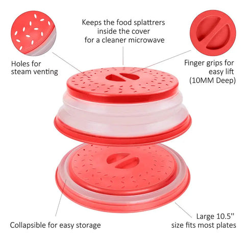 Red Collapsible Microwave Splatter Cover With Easy Grip Handle BPA Free TPR And PP Dishwasher Safe 10.5 Inch Doubles As Fruit Drainer