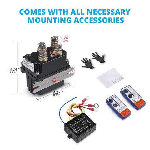 12V 500A Winch Solenoid Relay Contactor Kit With Wireless Remote And 6 Protective Caps Universal, accessories shown