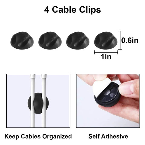 Four black cable clips measuring 0.6in high and 1in wide, shown holding wires and with a hand peeling adhesive backing.