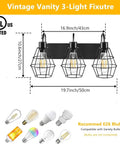 Retro Industrial Bathroom Vanity Light With Cage Shades 3 Light Matte Black Wall Sconce, includes dimensions and bulb types