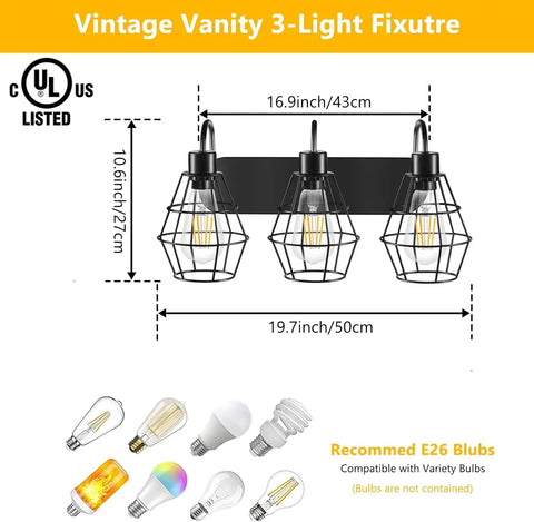 Retro Industrial Bathroom Vanity Light With Cage Shades 3 Light Matte Black Wall Sconce, includes dimensions and bulb types