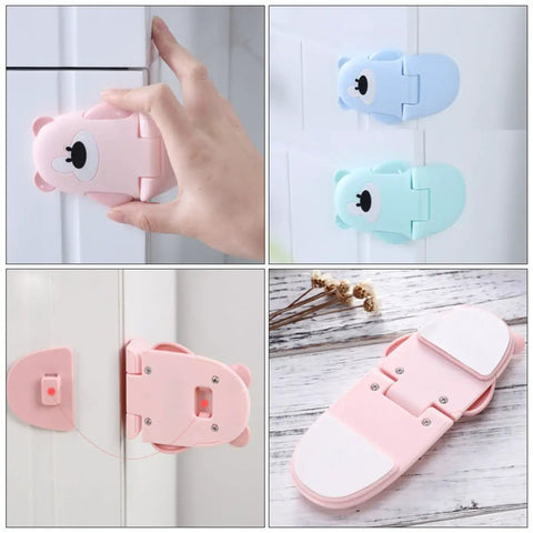 Bear Shaped Kidproof Safety Locks For Cabinets And Drawers With Double Button Release, ABS Material in pink, blue, and green