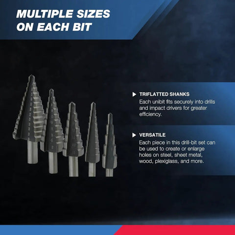 Titanium Coated Step Drill Bit Set 5 Piece 4mm To 35mm HSS Unibit With 135 Degree Split Point for multiple size holes