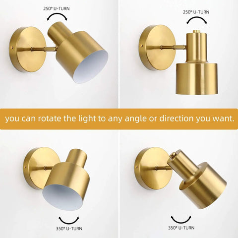 Gold Plug-In Wall Sconces Set Of 2, Industrial Vintage E26 Adjustable Wall Lamps showing 280 degree tilt and 180 degree swing angles