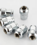24 Pack Silver Chrome Lug Nuts That Rock Your Wheels, Heavy Duty Steel Thread Repair Kit For Trucks And Cars, Tough High Strength Screws Built To Last Without The Hassle Of Custom Fitting. chrome lug nuts shown on white background