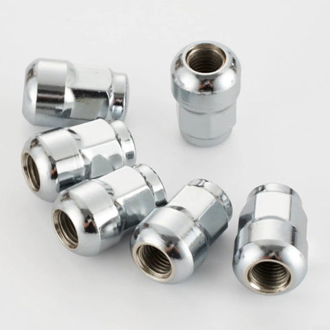 24 Pack Silver Chrome Lug Nuts That Rock Your Wheels, Heavy Duty Steel Thread Repair Kit For Trucks And Cars, Tough High Strength Screws Built To Last Without The Hassle Of Custom Fitting. chrome lug nuts shown on white background