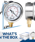 Go-To 30 InHg Vacuum Pressure Gauge With 2 Inch Dial, Lower Mount One Eighth NPT, Waterproof Stainless Steel Case, shown with box
