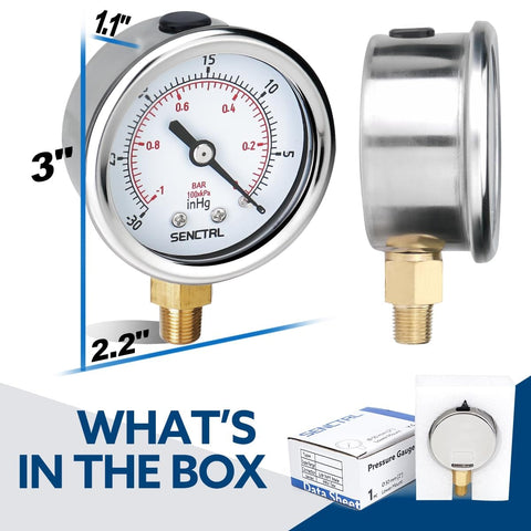 Go-To 30 InHg Vacuum Pressure Gauge With 2 Inch Dial, Lower Mount One Eighth NPT, Waterproof Stainless Steel Case, shown with box