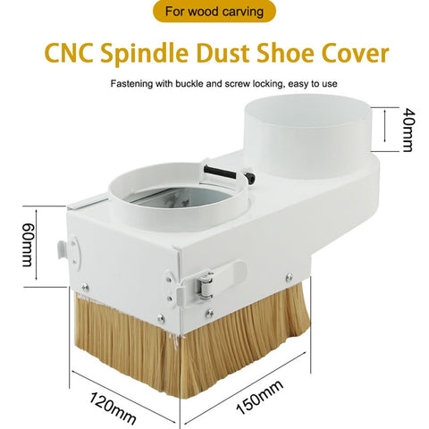 Keep Your CNC Shop Sweat Free With This Tough Spindle Dust Shoe Featuring An Auto Adjusting Clamp And Massive Three Point Four Inch Dust Port Designed For Wood Routing To Blast Away Chips And Keep Rails Clean As A Whistle, showing dimensions and construction.