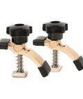 Two Pack Aluminum T Track Hold Down Clamps With Quick Lock for CNC Machines, showing close-up of clamp design and spring mechanism.