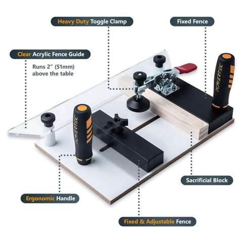 Heavy Duty 24 Inch Router Table Fence System With Rail Coping Sled features toggle clamp, fixed fence, and acrylic guide.