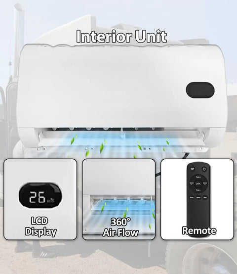 Interior unit of 12V 9500BTU Mini Split Truck Air Conditioner with brushless motor, displaying LCD, 360° airflow, remote control.