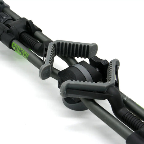 Two Point Gun Rest Trigger Stick Attachment with adjustable height and tilt, close-up of attachment mechanism and 1/4-20 thread mount