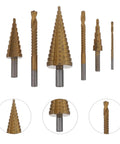 Premium Hss Step Drill Bit Kit 6 Piece Set With Spiral Grooves For Smooth Edges Countersink Design Plus Storage Box Perfect For Diy Pros And Home Projects On Metal Sheet And Wood., 6-piece HSS step drill bits with spiral grooves, numbered sizes and gold finish