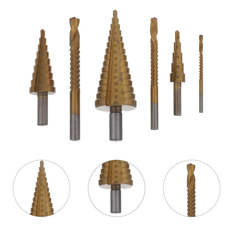 Premium Hss Step Drill Bit Kit 6 Piece Set With Spiral Grooves For Smooth Edges Countersink Design Plus Storage Box Perfect For Diy Pros And Home Projects On Metal Sheet And Wood., 6-piece HSS step drill bits with spiral grooves, numbered sizes and gold finish