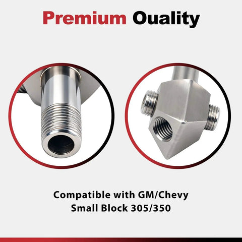 Close-up of Stainless Steel Oil Pressure Sensor Thread Adapter 1/8-27 NPT Dual Port Kit for Chevy GM Small Block 305 350 Engines