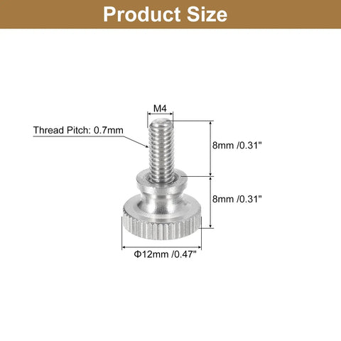 Diagram showing dimensions of M4x8mm Knurled Thumb Screws 5 Pieces Stainless Steel 304 with thread and head size details.
