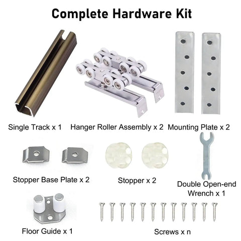 Ultra Quiet Pocket Door Rail Kit With Ceiling Mount Box Track, No Fuss Smooth Sliding Barn Door System, Hidden Hardware For Closets Or Garages, Easy Install, 175cm Long, Dual Wheel Stainless Steel Rollers hardware components displayed including track, rollers, plates, floor guide, and screws.