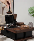 Rock Solid Premium Heavy Duty Solid Wood Espresso Knock Box With Huge Capacity And Multi Slot Layout Badass For Quick Coffee Grounds Tossing and Super Smooth Barista Sessions with tamper and accessories.
