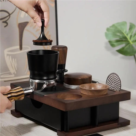 Rock Solid Premium Heavy Duty Solid Wood Espresso Knock Box With Huge Capacity And Multi Slot Layout Badass For Quick Coffee Grounds Tossing and Super Smooth Barista Sessions with tamper and accessories.
