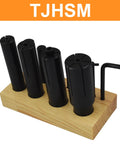 8 Piece Expanding Arbors Set For Lathe And Milling Machines One Quarter Inch To One And One Quarter Inch Capacity Mandrels Built To Last With A Workhorse Grip For Ring Mandrel Work And Smooth Tight Fits, black expanding arbors on wooden base
