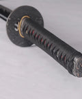 Close-up of Handmade Practice Katana For Iaido Training Full Tang sharp blade hilt with genuine ray skin wrapping.