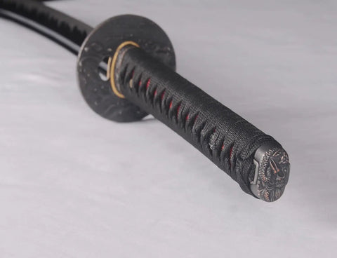 Close-up of Handmade Practice Katana For Iaido Training Full Tang sharp blade hilt with genuine ray skin wrapping.