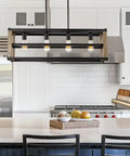 34 Inch Four Light Farmhouse Kitchen Island Pendant Light With Linear Rectangle Chandelier In Smoked Birch Finish for modern rustic kitchen with white cabinetry.