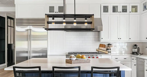 34 Inch Four Light Farmhouse Kitchen Island Pendant Light With Linear Rectangle Chandelier In Smoked Birch Finish for modern rustic kitchen with white cabinetry.