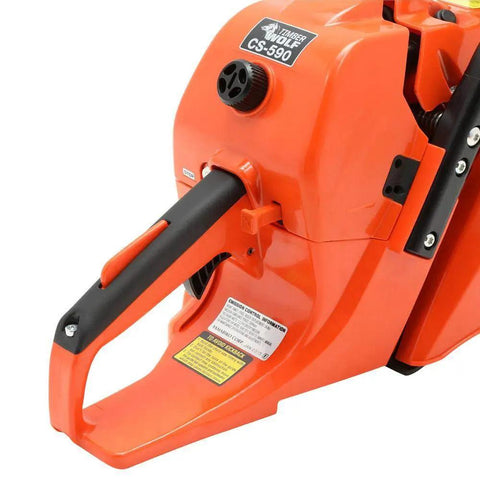 Close-up of the Timber Wolf 20 Inch Gas Chainsaw With 59.8cc Power, showcasing the ergonomic handle and easy start feature.