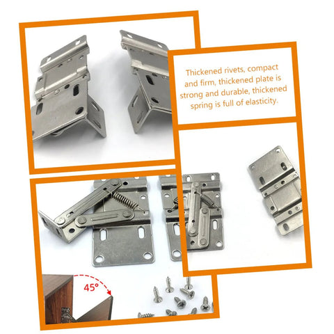 Four hidden spring cabinet hinges for drop-leaf doors; metal construction with mounting screws.