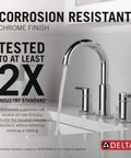 Chrome 3 Hole 8 Inch Widespread Bathroom Sink Faucet With Push Pop Drain For Vanity No Brainer Install Easy DIY Setup Durable Chrome Finish Quality Tested For Reliable Performance 35749LF in use with corrosion-resistant claim, water running.