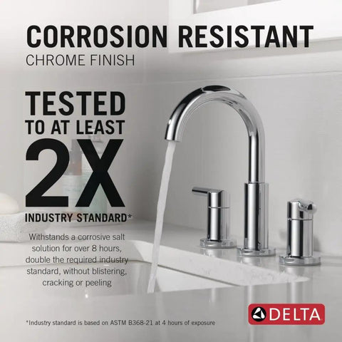 Chrome 3 Hole 8 Inch Widespread Bathroom Sink Faucet With Push Pop Drain For Vanity No Brainer Install Easy DIY Setup Durable Chrome Finish Quality Tested For Reliable Performance 35749LF in use with corrosion-resistant claim, water running.