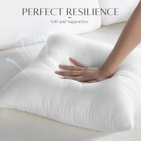Hand pressing on 20x20 Inch Outdoor Pillow Inserts Set of 2 Waterproof Cushions for Patio Garden and Balcony, Hypoallergenic Stuffer Sham Foam Core, All Weather, Indoor Outdoor Decor.