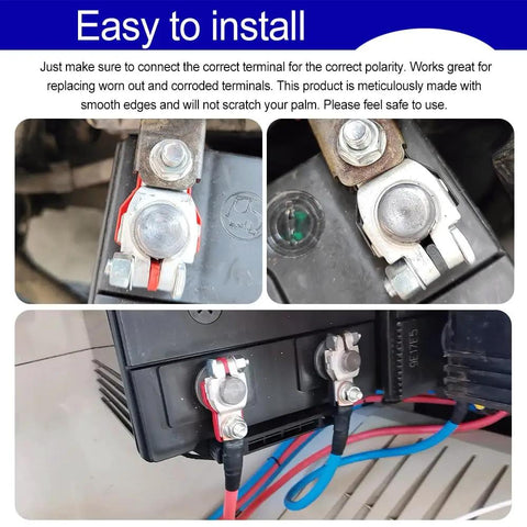 Two Pack Battery Terminal Connectors With Plastic Covers For Nissan, Positive And Negative Auto Battery Cable Terminal Clamps, Replacement 243407F000 243407F001, Easy Plug And Play Install, shown installed on a battery