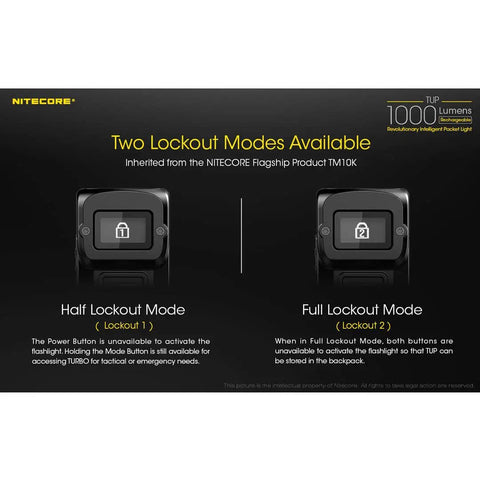Image showing two lockout modes of the Tup 1000 Lumen Rechargeable EDC Flashlight With Digital Display And LumenTac Usb Charging Cable.